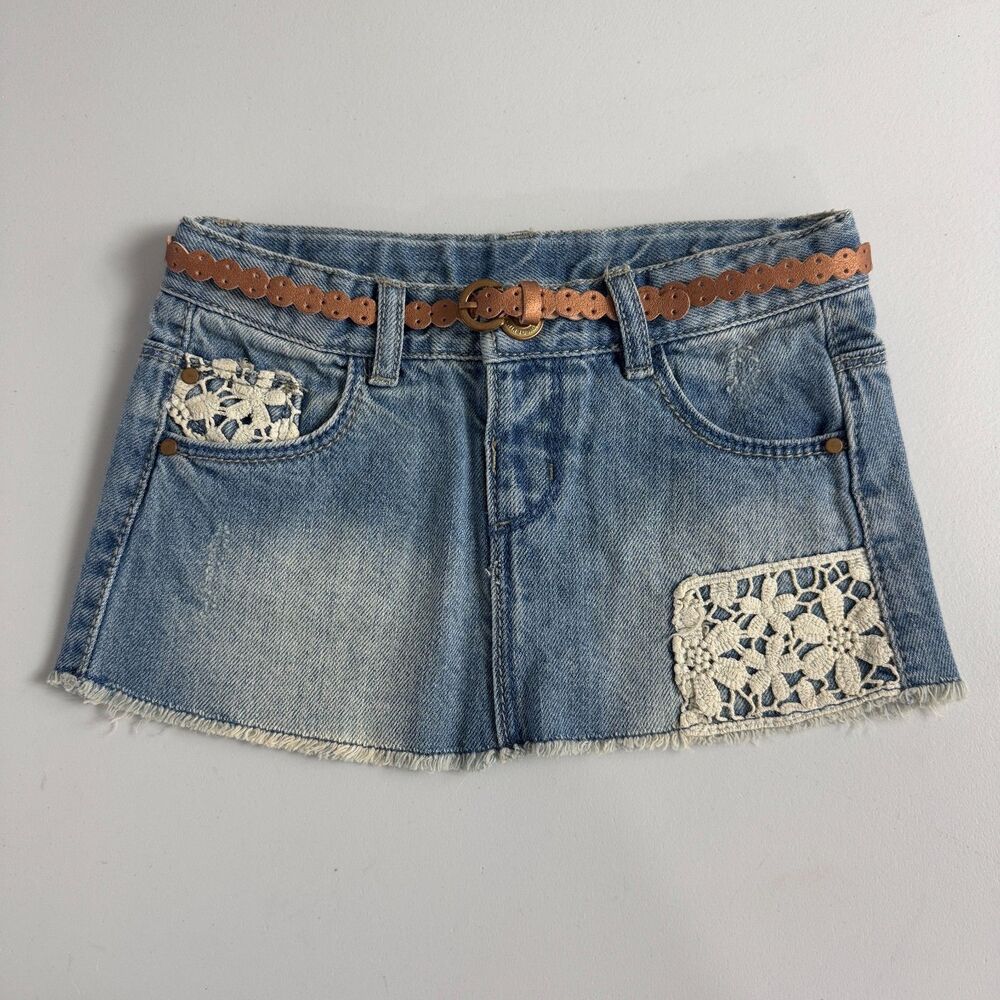 Zara Baby Girl Denim Skirt Belted Crochet Lace Detail Size 12 - 18 Months